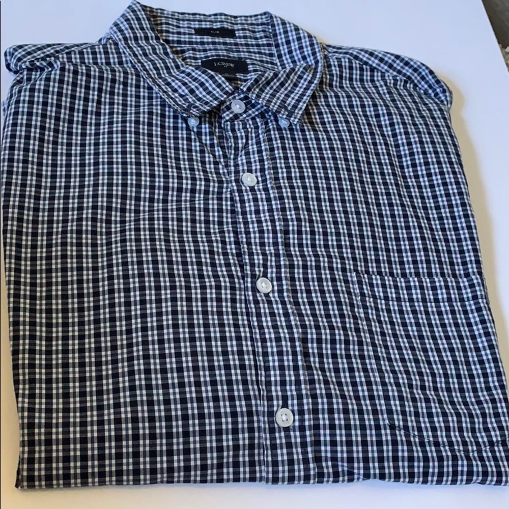 J. Crew Navy and white plaid button down shirt